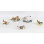 Five Royal Crown Derby paperweights, modelled as a Mandarin Duck, 7cm high, Crested Tit, 5.5cm high,