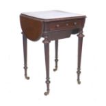 An early Victorian mahogany sewing table, plum pudding mahogany veneered square top with rounded