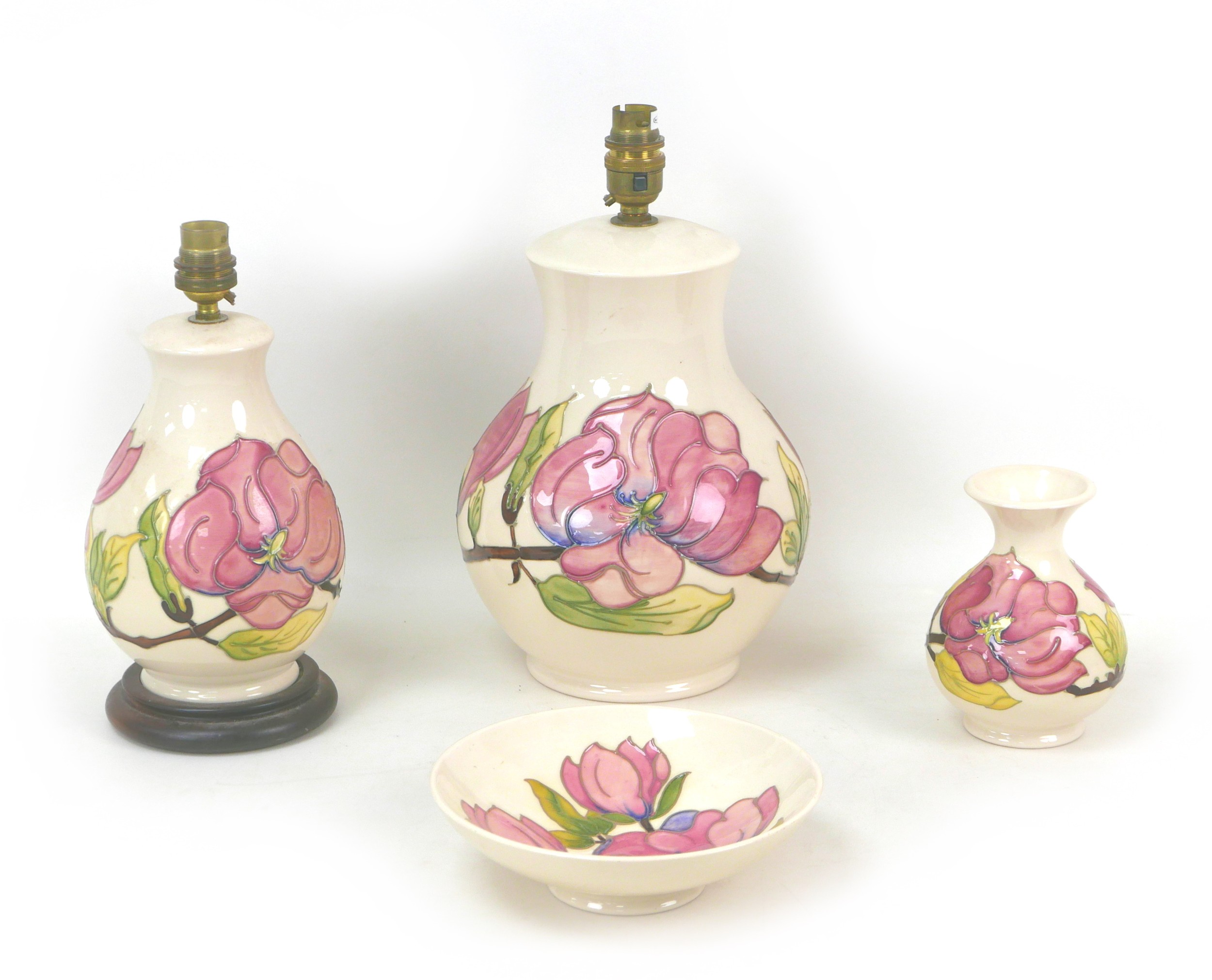 Four pieces of Moorcroft Pottery Magnolia pattern wares, including two table lamps, largest, 18 by - Image 2 of 6