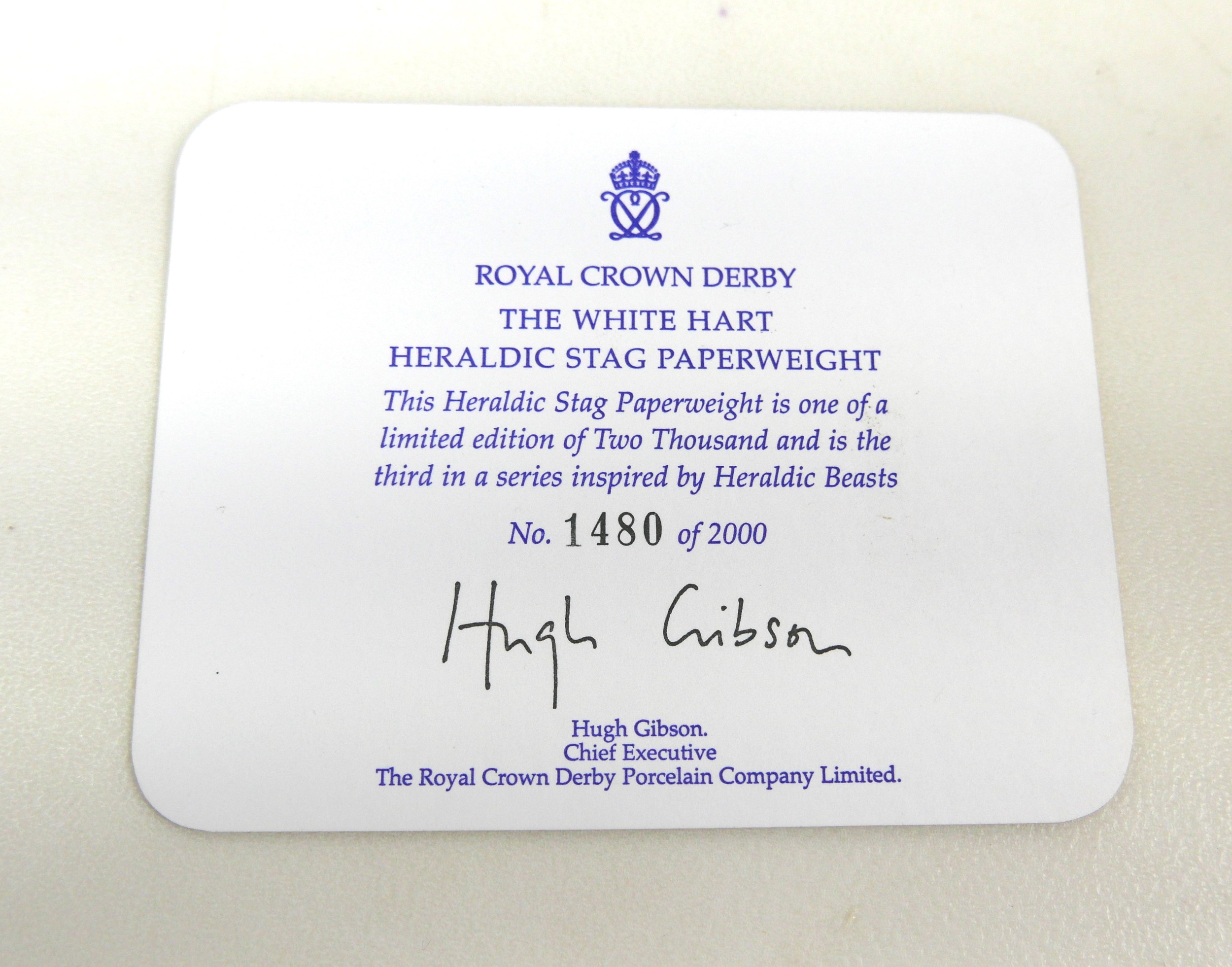 A Royal Crown Derby paperweight, modelled as a limited edition "White Hart", numbered 1480/2000, - Image 12 of 12