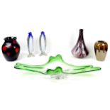 A group of modern decorative vases, comprising two Murano glass penguin form vases, 30cm high, a