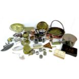 A collection of 19th century and later metal and glass wares, assorted kitchenalia including an E.