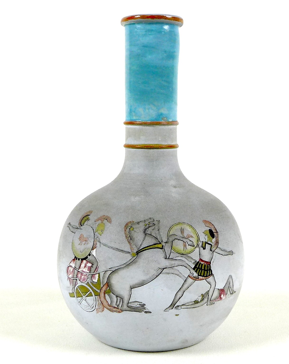 A Victorian terracotta bottle vase, a/f neck damaged and replaced, finely painted with classical