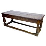 An oak refectory table, parts 17th century and later, likely made up in the 1980s, the six plank