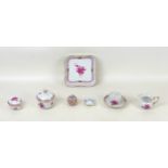 A collection of Herend hand painted puce pattern porcelain, comprising, a leaf form trinket box, 7