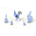 Five Herend hand painted porcelain animal figurines, comprising a cockerel, 11 by 6 by 14cm high,