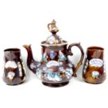 A Victorian bargeware teapot, applied plaque inscribed 'A Present From A Friend', 36cm high,