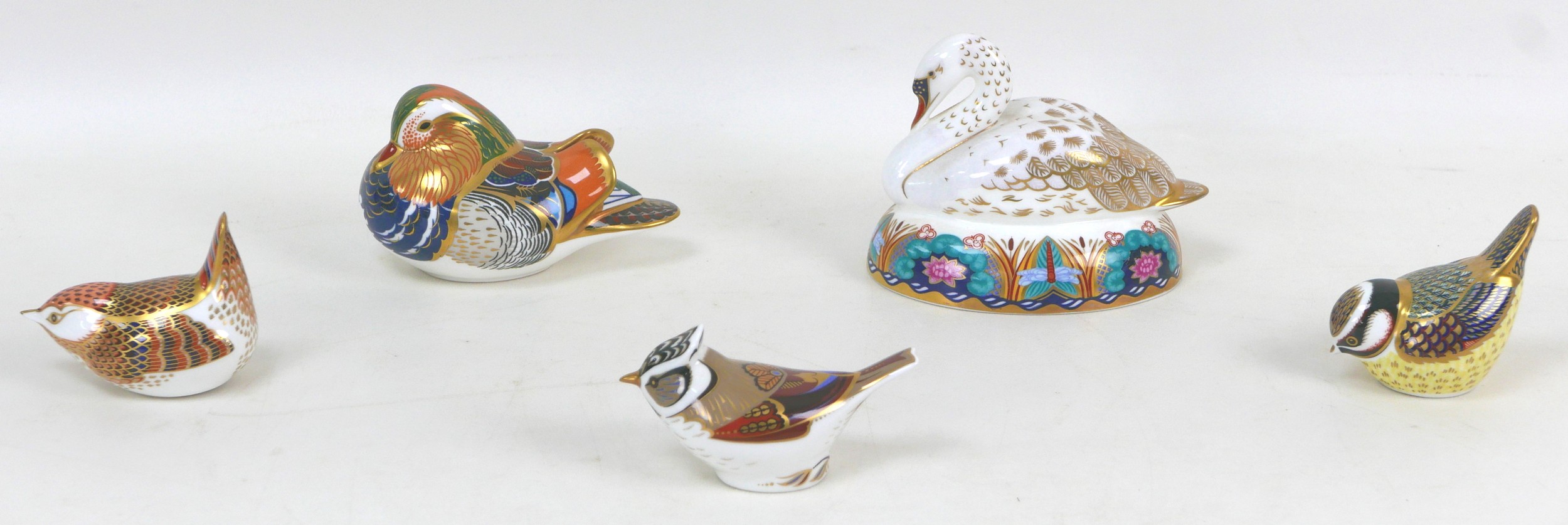 Five Royal Crown Derby paperweights, modelled as a Mandarin Duck, 7cm high, Crested Tit, 5.5cm high, - Image 6 of 10