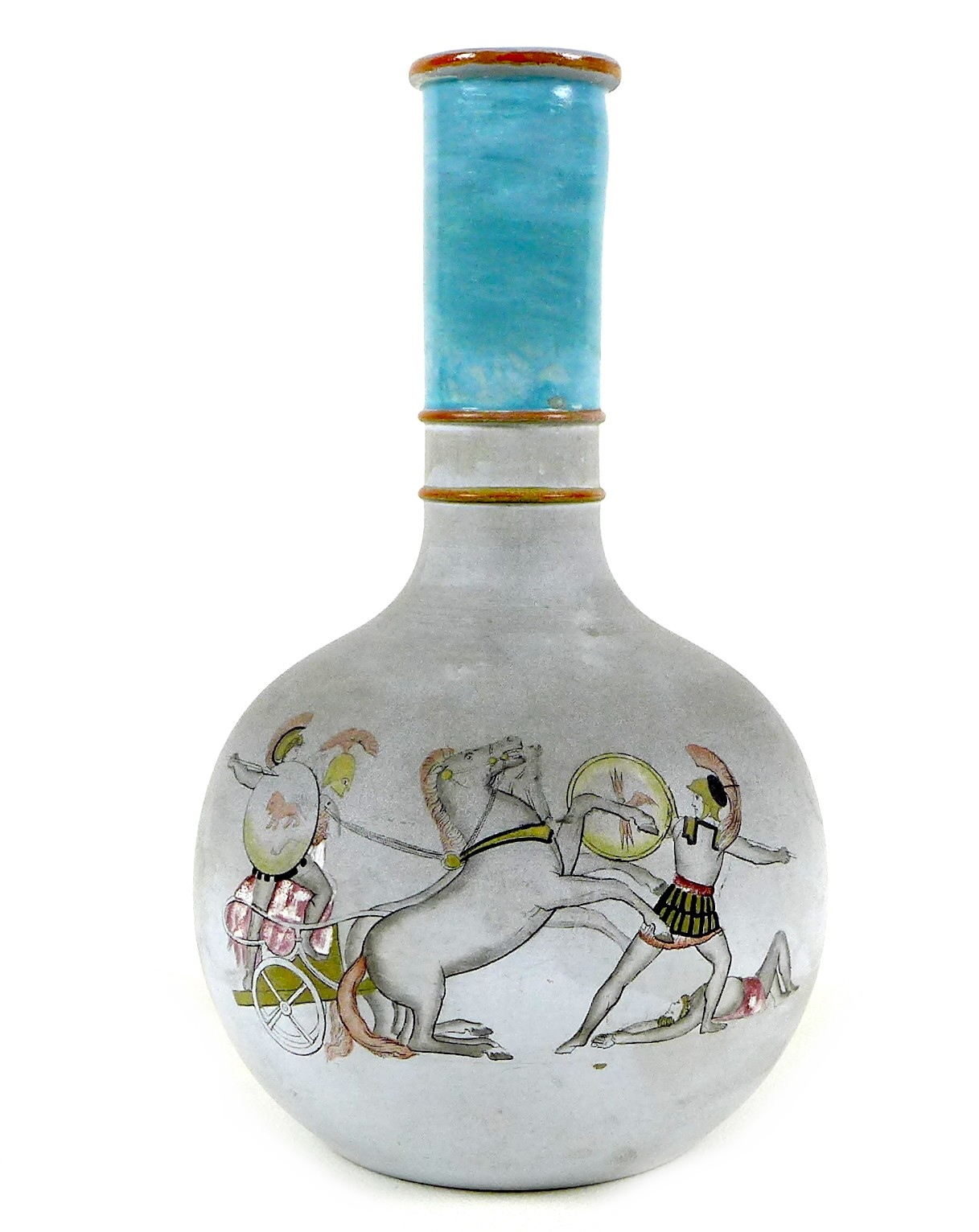 A Victorian terracotta bottle vase, a/f neck damaged and replaced, finely painted with classical - Image 2 of 14