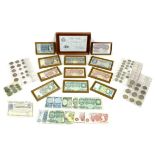 A collection of British bank notes, including a Bank of England white five pound note, Chief Cashier