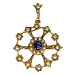 A Victorian gold, sapphire and seed pearl pendant brooch, 2.6cm diameter without pendant loop,