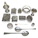 A group of small silver and white metal items, including two Victorian silver vesta cases, two