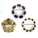 A group of three 9ct gold wreath brooches, including one set with cultured pearls and sapphires, 2.