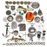 A collection of silver and white metal jewellery, including an RAF enamel tie pin, 5cm wide, a