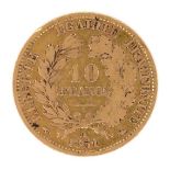 A French 10 Francs gold coin, 1851.