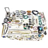 A group of costume jewellery, including necklaces, earrings, brooches, bracelets, badges, two