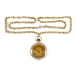 An 18ct gold cased pocket watch, foliate engraved, Roman numerals, the face set with white stones to