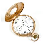 A 9ct gold Waltham half hunter pocket watch, circa 1910, keyless wind, the white enamel dial with