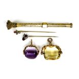 A group of jewellery and accessories, comprising two stick pins, one with insect finial, the other a