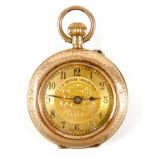 A Victorian 14ct gold lady's pocket watch, keyless wind, open faced, with engraved floral dial