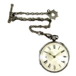 A Victorian silver cased verge fusee pocket watch, key wind, the circular white enamel dial with