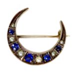 A 9ct rose gold, cornflower blue stone and pearl crescent brooch, 2.2 by 2.2cm, 2.2g.