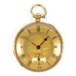 A Continental 18K gold lady's pocket watch, key wind, open faced, with engraved floral dial, matte