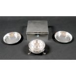 A group of four small silver items, comprising an Edwardian silver cigarette box, engraved