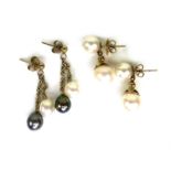 Two pairs of 9ct gold and cultured pearl drop earrings, both unmarked but test as 9ct, 6.9g