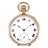 An Edwardian 9ct gold pocket watch, open faced, keyless wind, the circular dial with black Roman