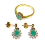 A pair of 9ct gold, diamond and Colombian emerald drop earrings, 1.5cm including drop, together with