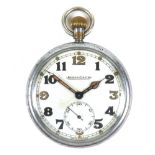 A Jaeger LeCoultre chrome plated pocket watch, circa 1940, keyless wind with black and luminous