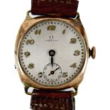 An Art Deco Omega 9ct gold cushion cased gentleman's wristwatch, a/f poor condition, circular