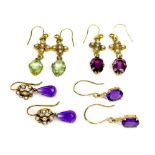 A pair of gold, seed pearl and diamond chip drop earrings, set with later faceted purple drops,