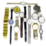 A group of watches, comprising two silver pocket watches, both boxed, and ten wristwatches,