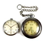 A Cyma Swiss steel cased open faced pocket watch, keyless wind, coppered Arabic numerals to silvered