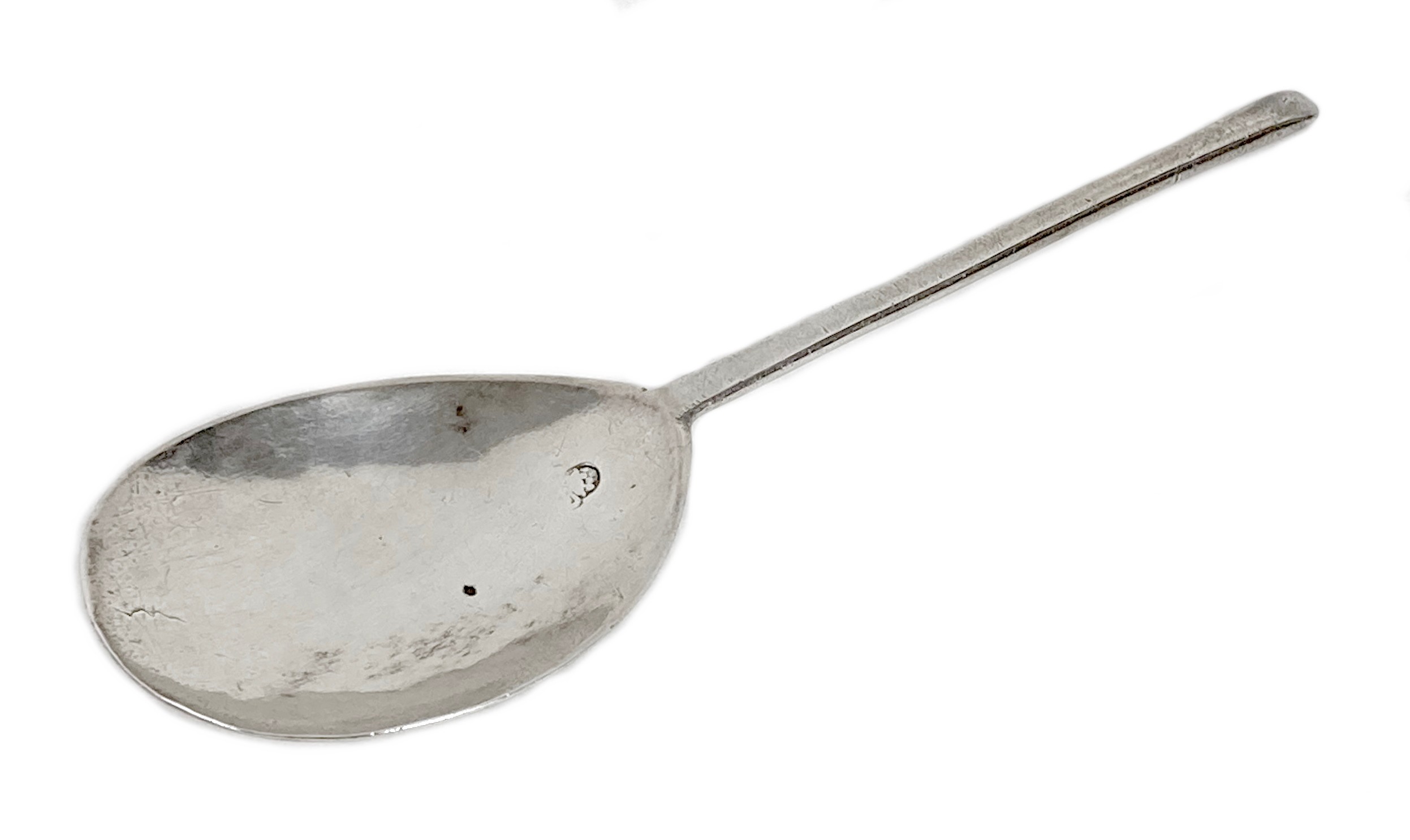 An early to mid 17th century silver slip top spoon, with pear shaped bowl, single partial hallmark