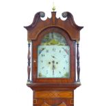 A mid 19th century mahogany long case clock, the painted arch dial with depictions of the four