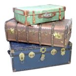 Two vintage trunks, one blue with brass fittings, 91 by 52 by 36cm high, and one brown wooden bound,