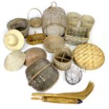 A collection of wicker items, including baskets and hats. (17)