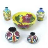 A group of five pieces of Moorcroft pottery, including a bowl, 15.5 by 7cm high, without box,