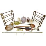 A collection of copper and brass items, together with a pair of towel rails, 64.5 by 29 by 73cm