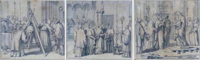 Bernard Picart (French, 1673-1733): three church ceremonies, en grisaille watercolour / wash, each
