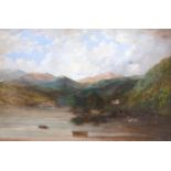 British School (19th century): a mountainous lake landscape, with three rowing boats on the water, a