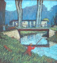 Charles White (British, 20th century): an oil on board depicting a man fishing by a bridge, dated