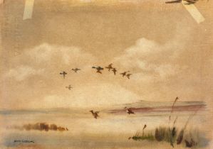 John Snelling FRSA (British, b. 1914): 'Mallards in Flight', signed lower left, watercolour, 21.5 by
