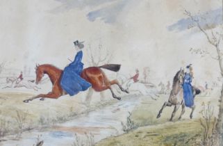 P. F. French: a 19th century hunting scene, with two ladies in blue dresses riding in the