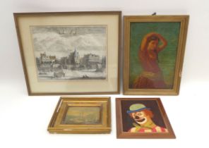 A group of pictures, including an oil on board of an Iberian lady, 33.5 by 23cm, framed, 39.5 by