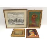 A group of pictures, including an oil on board of an Iberian lady, 33.5 by 23cm, framed, 39.5 by