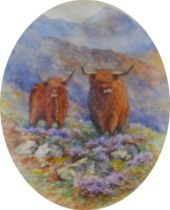 Harry Davis (British, 1885-1970): Highland cattle in a Scottish landscape, signed lower right,